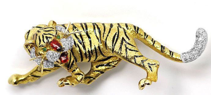 Foto 1 - Sensationelle Tiger Brosche, Diamanten Emaille 18K Gold, R7229