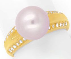 Foto 1 - Gelbgoldring mit 9 mm großer Perle und 24 Diamanten 14K, S4735